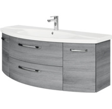 Waschtischunterschrank mit Waschbecken und Armatur, geschwungene Front, Holzoptik Grau, Chromgriffe.