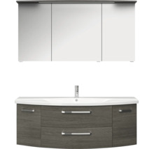 Badmöbel-Set mit grauem Waschtischunterschrank, vier Auszügen, weißem Keramikwaschbecken, Armatur und Spiegelschrank mit LED-Beleuchtung.