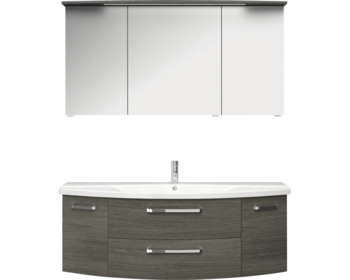 Badmöbel-Set mit grauem Waschtischunterschrank, vier Auszügen, weißem Keramikwaschbecken, Armatur und Spiegelschrank mit LED-Beleuchtung.