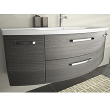 Moderner wandhängender Waschtischunterschrank mit gewölbter Front in Holzstruktur, Metallgriffen und integriertem Waschbecken mit Armatur.