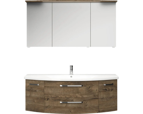 Badezimmermöbel-Set bestehend aus einem dreitürigen Spiegelschrank und einem Waschbeckenunterschrank in Holzoptik mit weissem Waschtisch.