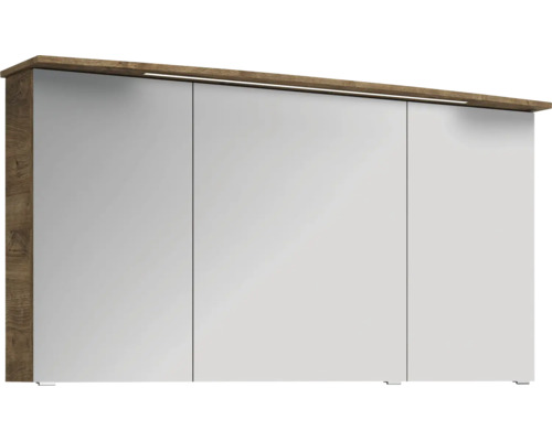 Dreitüriger Spiegelschrank fürs Badezimmer mit Holzoptik-Korpus und integrierter Beleuchtung über den Spiegelflächen.