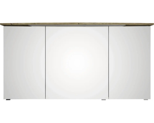 Dreitüriger Spiegelschrank für das Badezimmer mit Holzoberseite und integrierter Beleuchtung.