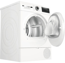 Sèche-linge à pompe à chaleur Bosch blanc avec porte ouverte.