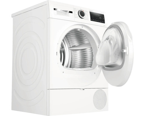 Sèche-linge à pompe à chaleur Bosch blanc avec porte ouverte.