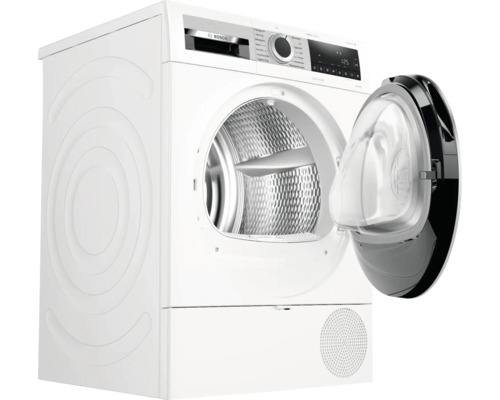 Sèche-linge blanc avec porte ouverte, vue intérieure du tambour