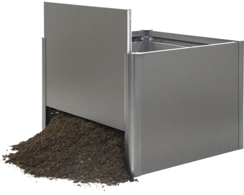 Composteur en métal avec trappe de prélèvement ouverte et compost
