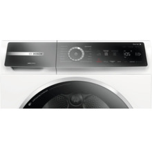 Logo Bosch sur un lave-linge Série 8 Swiss Edition avec SelfCleaning Condenser et divers programmes.