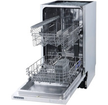 Lave-vaisselle ouvert avec deux paniers à vaisselle et un panier à couverts