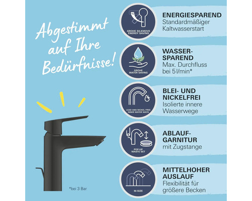 Informations produit sur un robinet noir, qui permet d''économiser de l''énergie et de l''eau, sans plomb ni nickel, ainsi qu''un garniture de vidange et un bec de hauteur moyenne.