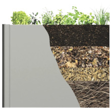 Coupe transversale d''un potager surélevé planté avec différentes couches