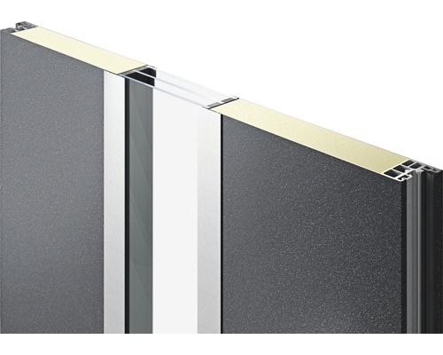 Querschnitt einer Wand mit Isolierung, Aluminiumrahmen und Glaselement
