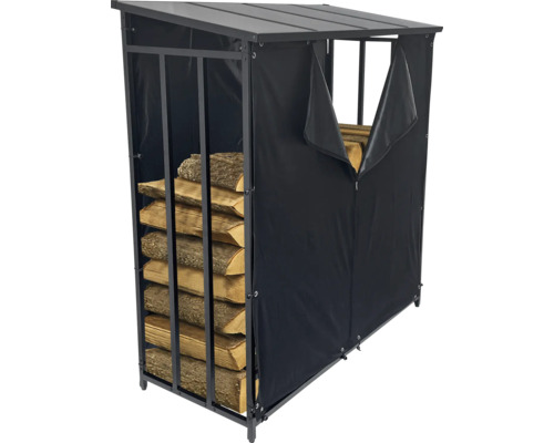 Étagère à bois de chauffage avec couverture et bois de chauffage empilé