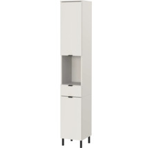 Armoire de salle de bain haute avec porte, compartiment ouvert et tiroir