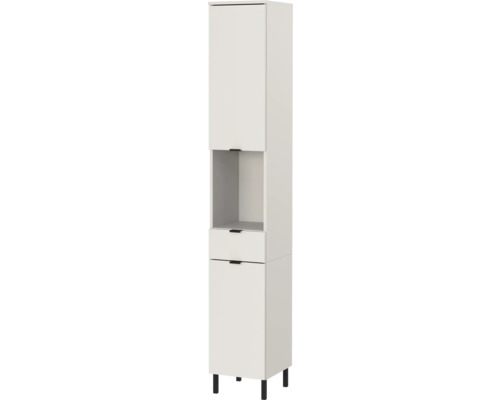 Armoire de salle de bain haute avec porte, compartiment ouvert et tiroir