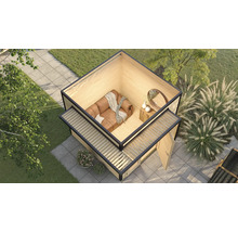 Dachaufsicht eines modernen Gartenhauses mit Lounge-Bereich und angrenzender Terrasse