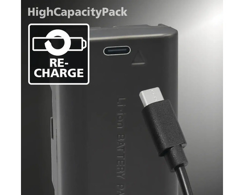 Lithium-Ionen-Akkupack wird mit USB-C-Kabel aufgeladen. Symbol für Aufladen.