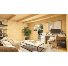 Vue intérieure d'une maison de jardin lumineuse avec mobilier et équipement de bureau