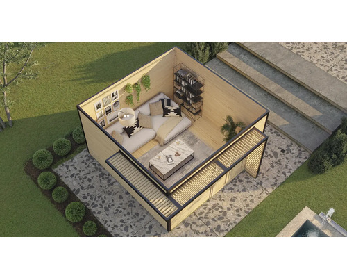 Vue d'un pavillon de jardin avec coin salon et terrasse