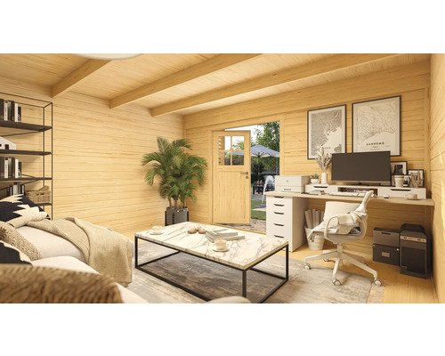 Vue intérieure d'une cabane de jardin avec des meubles et des décorations pour vivre et travailler