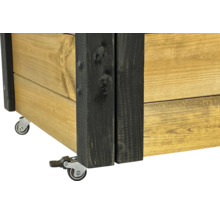 Vue détaillée d''un bac à plantes en bois avec roulettes