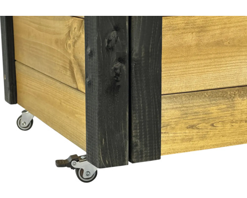 Vue détaillée d''un bac à plantes en bois avec roulettes