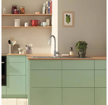 Küchenszene mit Spüle, Armatur und Küchenutensilien auf offenen Regalen