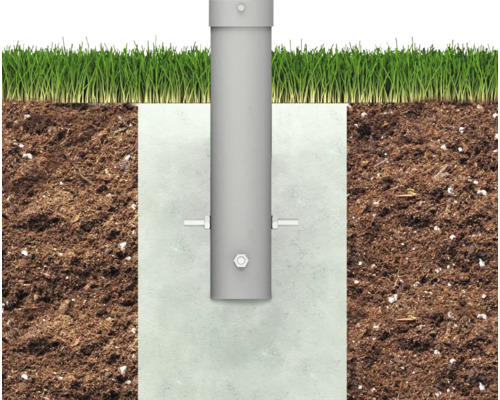 Metallpfosten in Betonfundament mit Erde und Gras