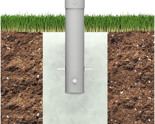 Ancrage de poteau bétonné dans le sol avec pelouse