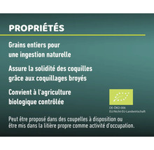 Propriétés: Grains entiers pour une ingestion naturelle, assure la solidité des coquilles grâce aux coquillages broyés, convient à l''agriculture biologique contrôlée.