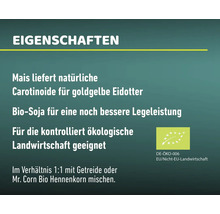 Informationen zu den Produkteigenschaften, einschliesslich Hinweis auf natürliche Carotinoide, Bio-Soja und Eignung für die ökologische Landwirtschaft, mit zugehörigem Siegel.