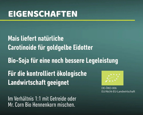 Informationen zu den Produkteigenschaften, einschliesslich Hinweis auf natürliche Carotinoide, Bio-Soja und Eignung für die ökologische Landwirtschaft, mit zugehörigem Siegel.
