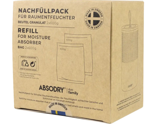 Absodry Duo Family Nachfüllpackung für Raumentfeuchter, 2 Beutel à 600 Gramm, aus recyceltem Material, Made in Sweden Siegel