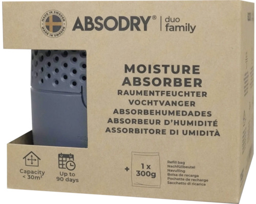 Absodry Raumentfeuchter Duo Family mit Nachfüllbeutel, geeignet für Räume bis 30 Kubikmeter, Nutzungsdauer bis zu 90 Tage
