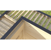 Vue détaillée d'une pergola en bois avec toit à lamelles et bordure