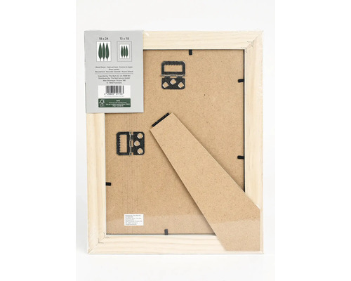 Arrière d''un cadre photo en bois avec dispositif de suspension et support