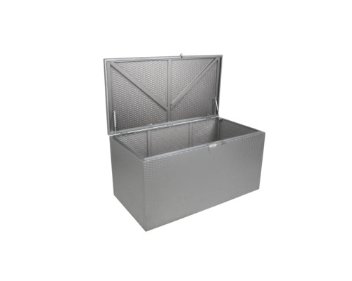 Geöffnete graue Aufbewahrungsbox für den Außenbereich.
