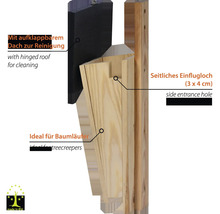 Vogelhaus aus Holz mit seitlichem Einflugloch und aufklappbarem Dach zur Reinigung