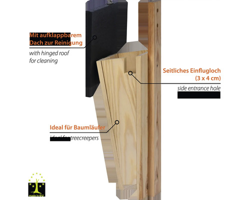 Vogelhaus aus Holz mit seitlichem Einflugloch und aufklappbarem Dach zur Reinigung