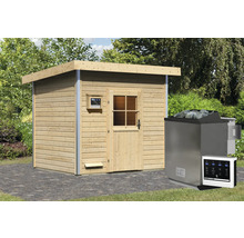 Sauna en bois avec porte, fenêtre et poêle de sauna