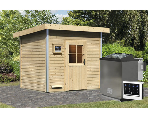 Chalet sauna Karibu Opal 4 avec poêle bio 9 kW, commande externe et porte en bois avec verre à isolation thermique Sauna en bois avec porte, fenêtre et poêle de sauna