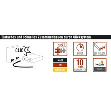 Einfaches Zusammenbauen durch Clicksystem, Made in Germany, 10 Jahre Garantie, Hettich Logo