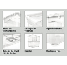 Details einer transparenten Aufbewahrungsbox, die robust, stapelbar und mit Rollen sowie ergonomischen Griffen ausgestattet ist.