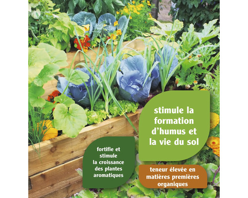 Engrais fines herbes FloraSelf Nature 0,5 kg Jardinière surélevée avec divers légumes et herbes.