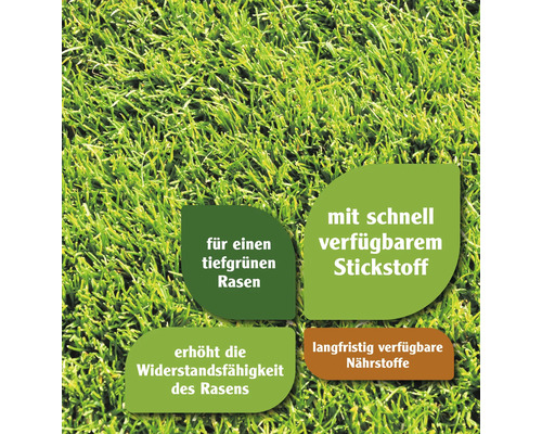 Informationen zu Rasenpflegeprodukten: Für einen tiefgrünen Rasen, mit schnell verfügbarem Stickstoff, erhöht die Widerstandsfähigkeit des Rasens, langfristig verfügbare Nährstoffe.