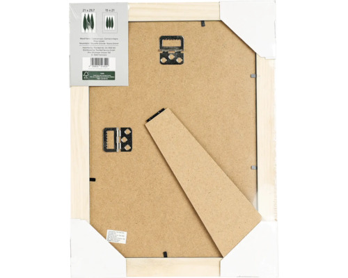 Rückseite eines Holzbilderrahmens mit Aufhängevorrichtung und Ständer