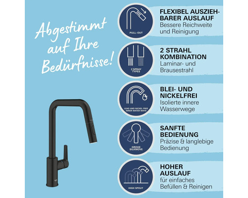 Schwarze Küchenarmatur mit flexiblem Auslauf, zwei Strahlarten, blei- und nickelfreien Wasserwegen, leichtgängiger Bedienung und hohem Auslauf