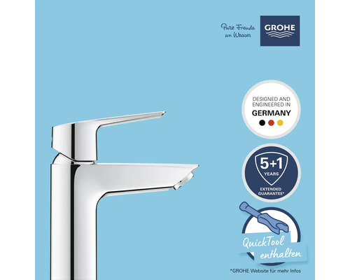 Robinet brillant avec logo Grohe, mention du développement en Allemagne, garantie de cinq plus un an et Quicktool.