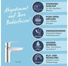 Armatur mit Informationen zu Wasserdurchfluss, Energiesparen, blei- und nickelfreien Wasserwegen