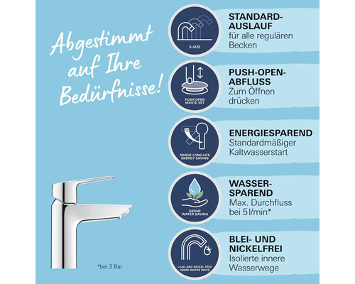 Robinet avec informations sur le débit d''eau, l''économie d''énergie, les voies d''eau sans plomb ni nickel